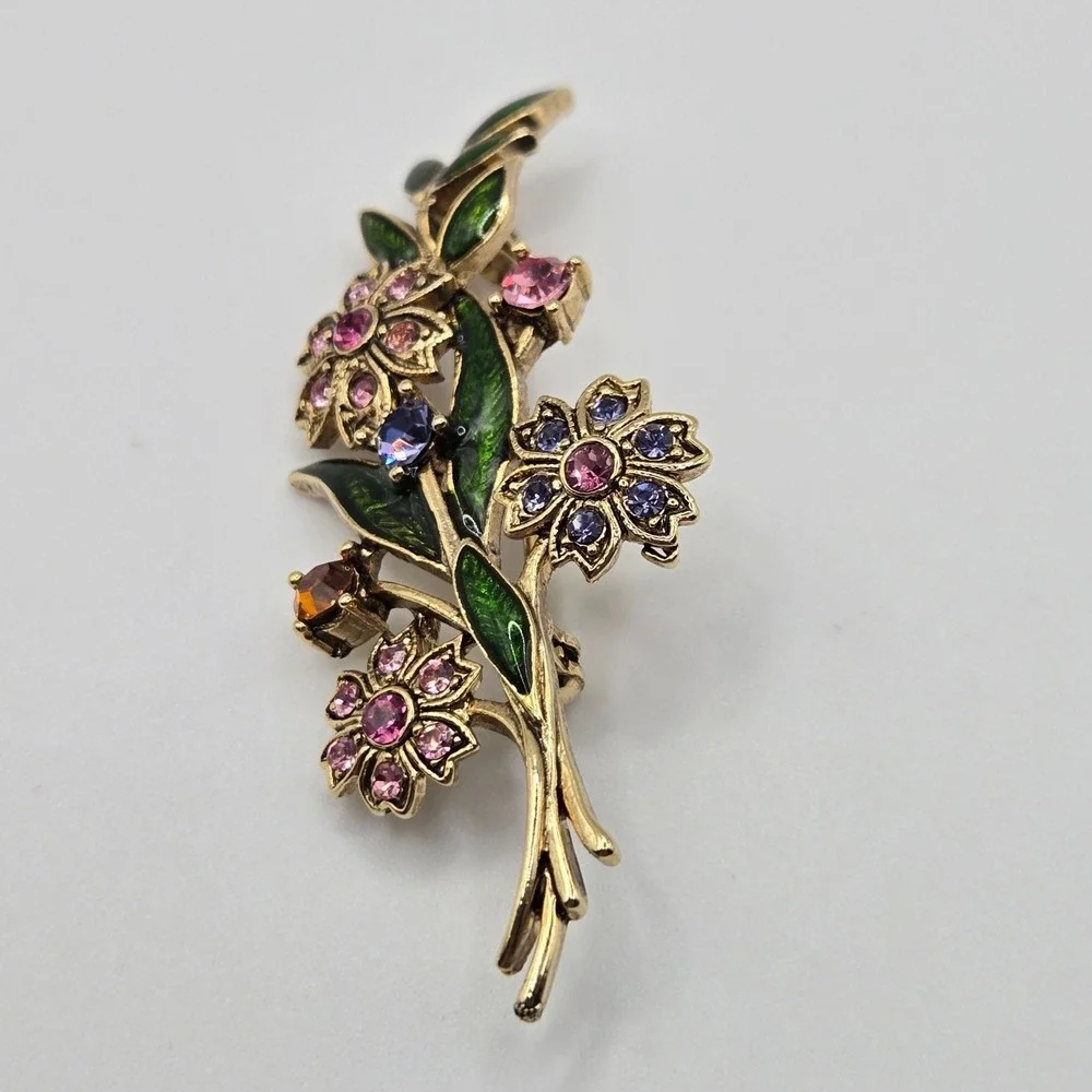 Vtg‎ Floral Brooch Gold Tone Enamel Rhinestone 2.5